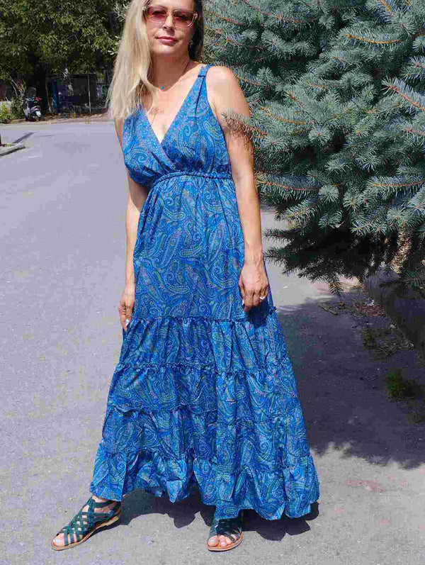 Φόρεμα boho maxi - φαρδιά τιράντα, Μπλε