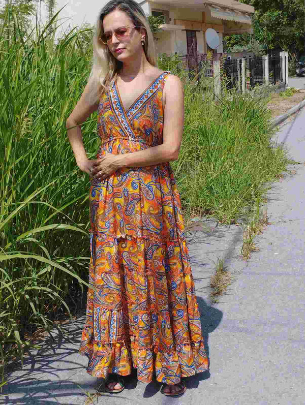 Φόρεμα boho maxi - φαρδιά τιράντα, Πορτοκαλί/Μπλε
