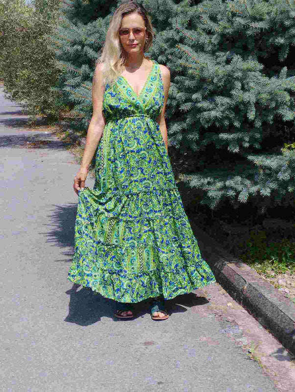Φόρεμα boho maxi - φαρδιά τιράντα, Πράσινο