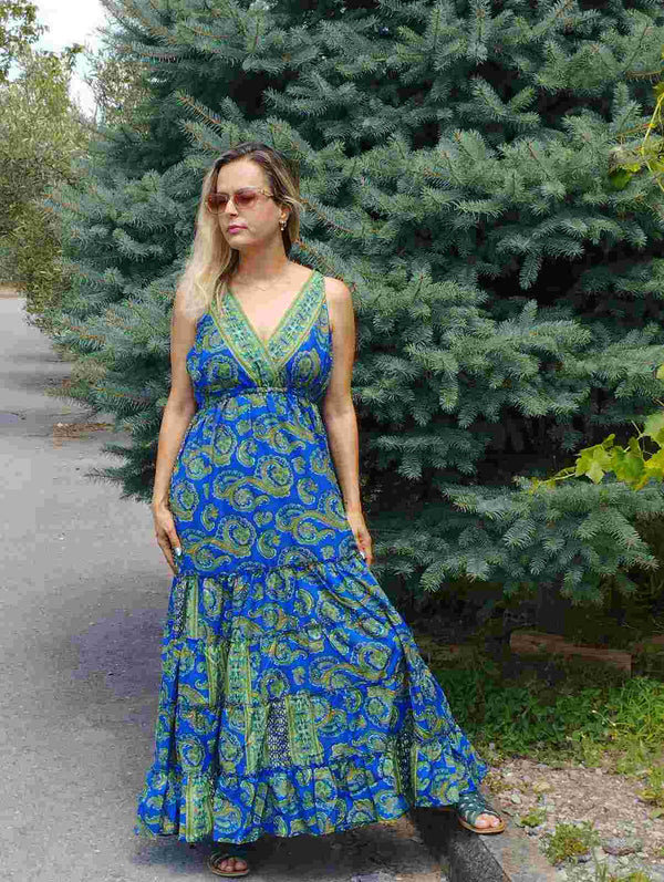 Φόρεμα boho maxi - Μπλε/Πράσινο