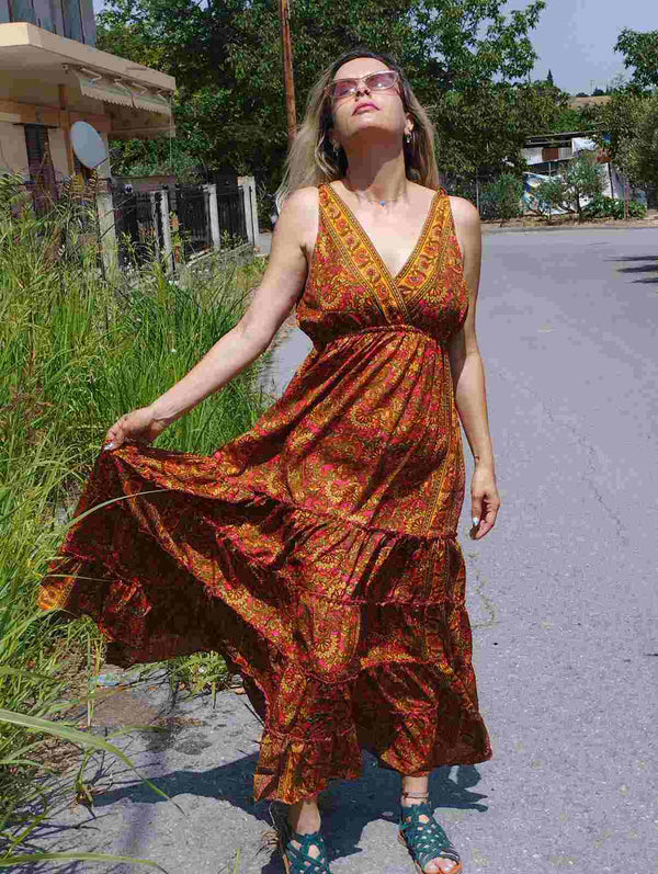 Φόρεμα boho maxi - φαρδιά τιράντα, Πορτοκαλί