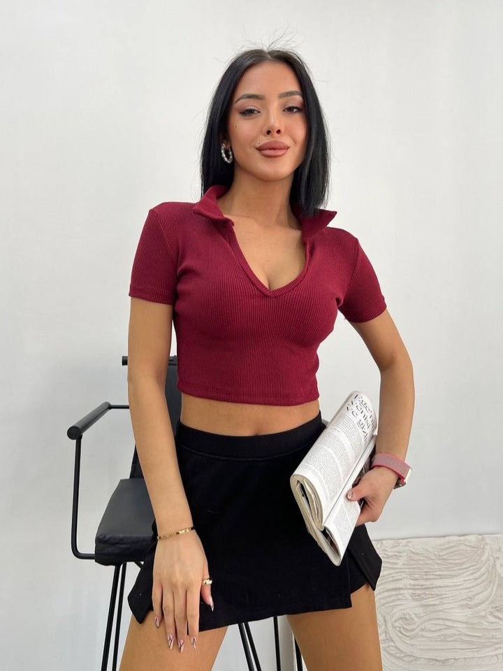 Ριπ Crop Top με Polo γιακά | Anelia Fashion Shop - anelia.gr