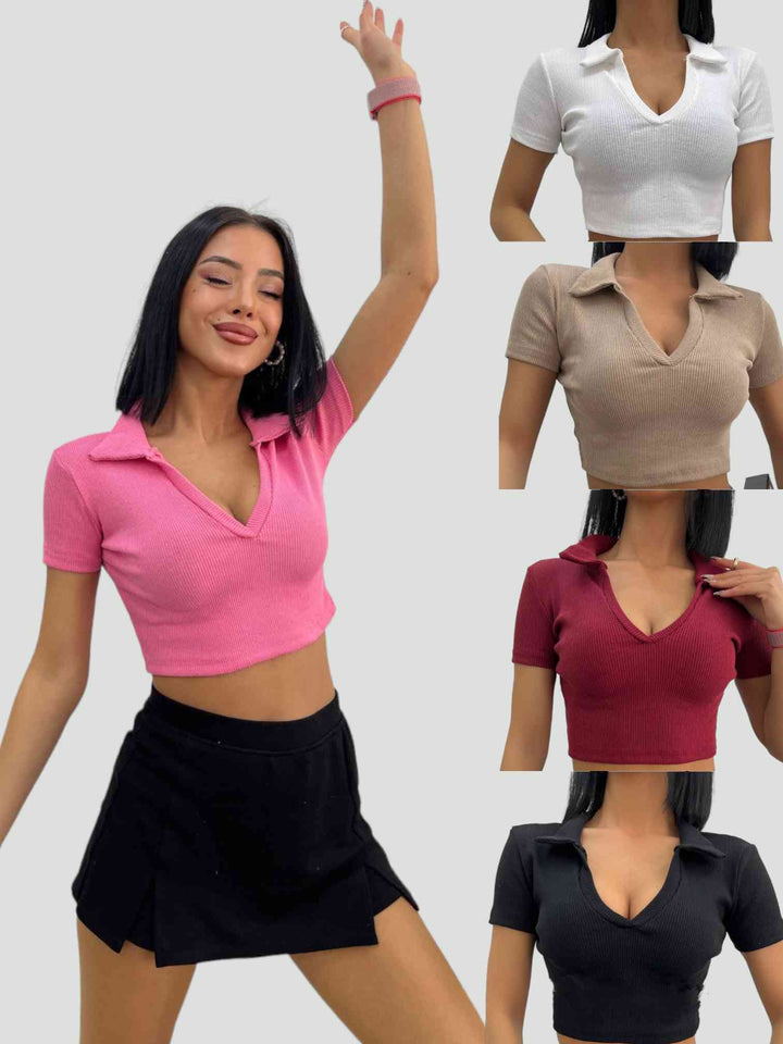 Ριπ Crop Top με Polo γιακά | Anelia Fashion Shop - anelia.gr