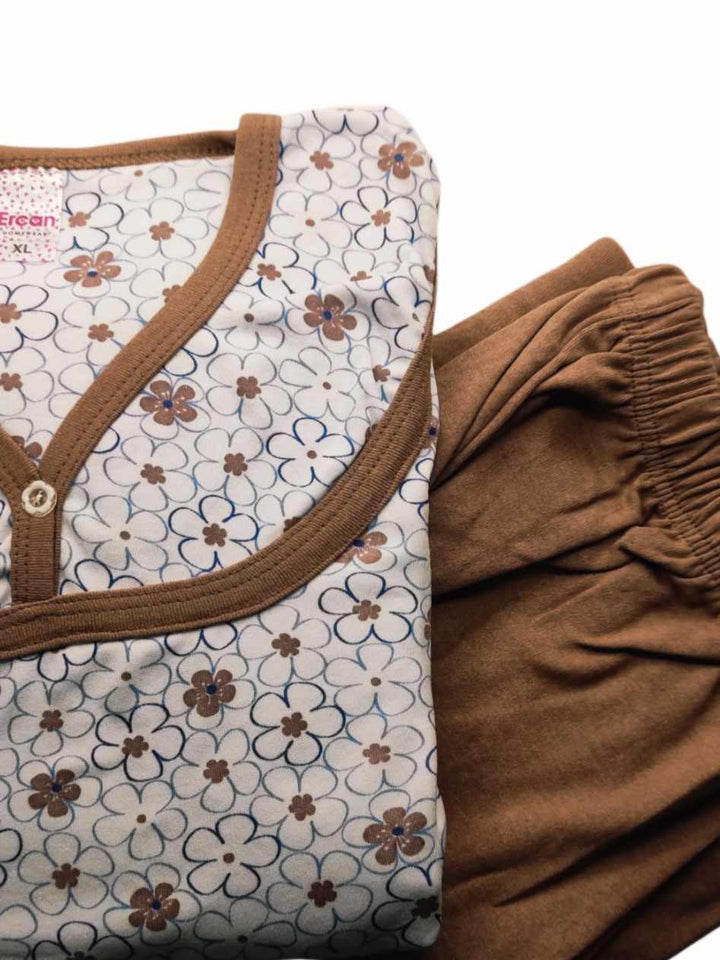 Γυναικεία Πυτζάμα - Brown Flowers - Χειμερινή - 100% Βαμβακερή - φαρδιά γραμμή | Anelia Fashion Shop - anelia.gr