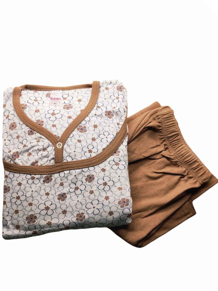 Γυναικεία Πυτζάμα - Brown Flowers - Χειμερινή - 100% Βαμβακερή - φαρδιά γραμμή | Anelia Fashion Shop - anelia.gr